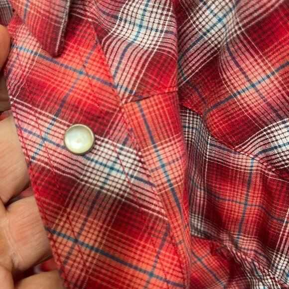 VINTAGE Wrangler Shirt Mens Red Plaid Western Button Perl Snap - Picture 7 of 11